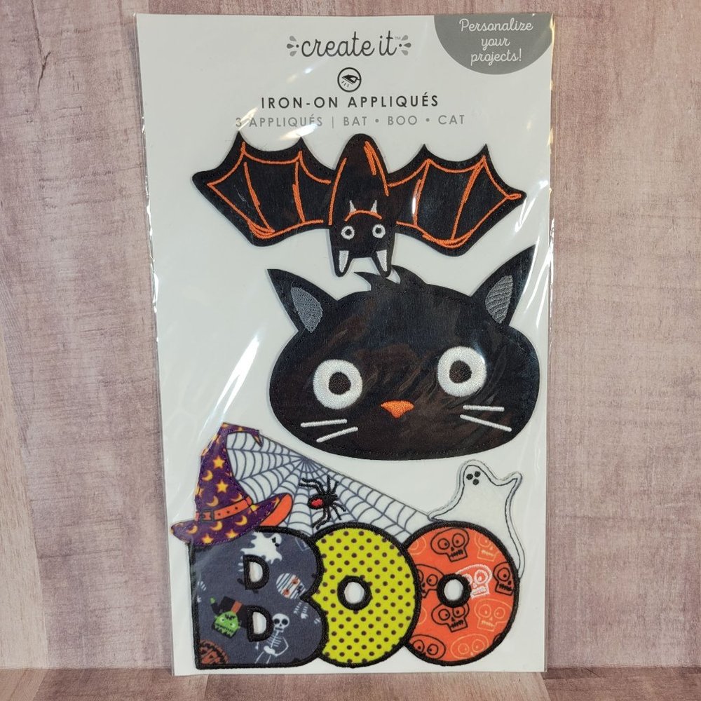 NEW Create It Iron On Appliques Halloween Boo Cat Bat Spider Crafts Upcycle